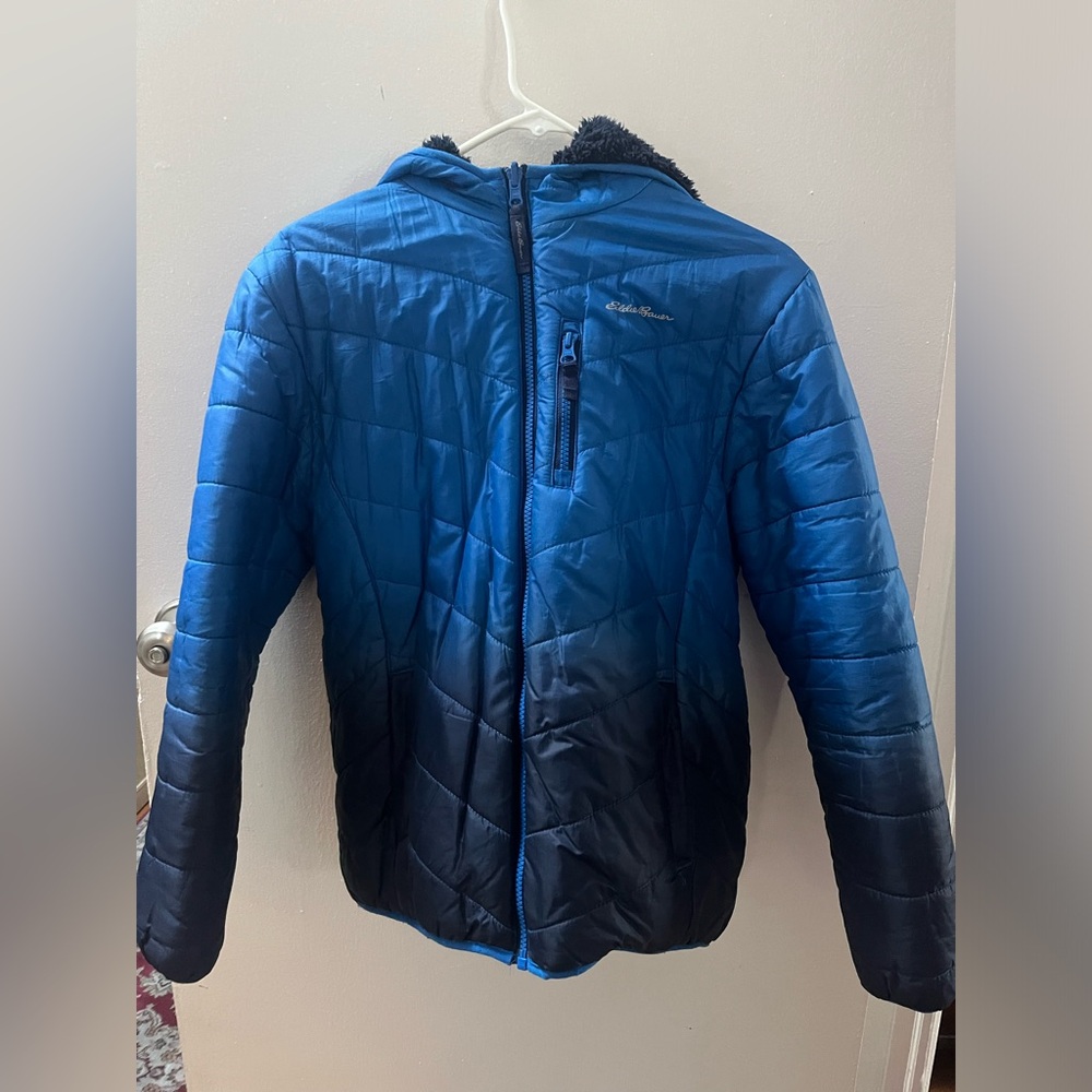 Eddie Bauer Boys L 14/16 Full Zip REVERSIBLE 2-in-1 Fleece Blue Hooded Jacket